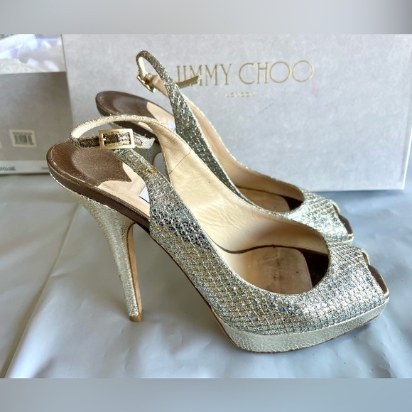 Womens Jimmy Choo Nova Champagne Glitter Peep Toe Slingback Heels 35/6 - Picture 5 of 10